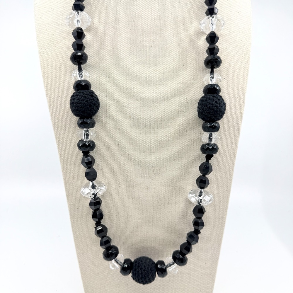 VTG Black & Clear Faceted Acrylic Beaded Statement Necklace Boho Crochet Accents